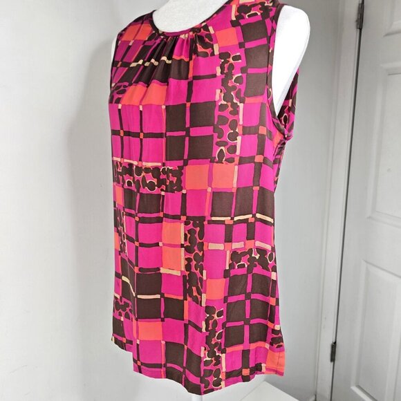 Trina Turk Pink Brown Silk Sleeveless Mod Rectangle Blouse - Picture 4 of 9